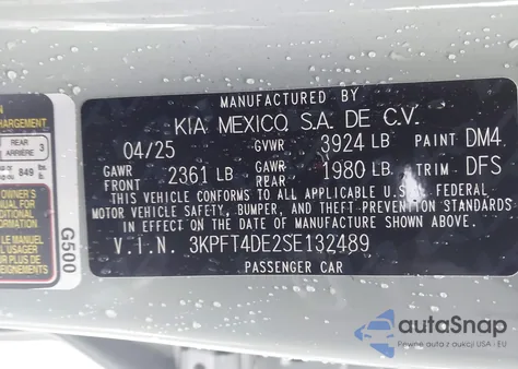 2025 Kia K4 Lxs из США, поврежденный, VIN 3KPFT4DE2SE132489